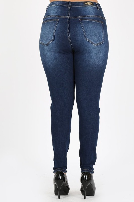 Bagel Plus Size Dark Blue Distressed Jeans Back view in dark blue denim