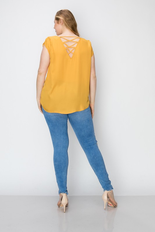 Bagel Plus Size Round Neck Criss Cross Top Mustard Back view