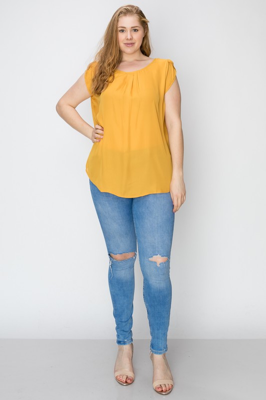 Bagel Plus Size Round Neck Criss Cross Top Mustard front view