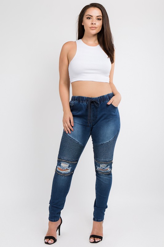 Plus Size Dark Blue High Rise Destroyed Motto Jogger Jeans