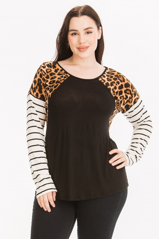 Plus Size Leopard Print Striped Sleeve Top