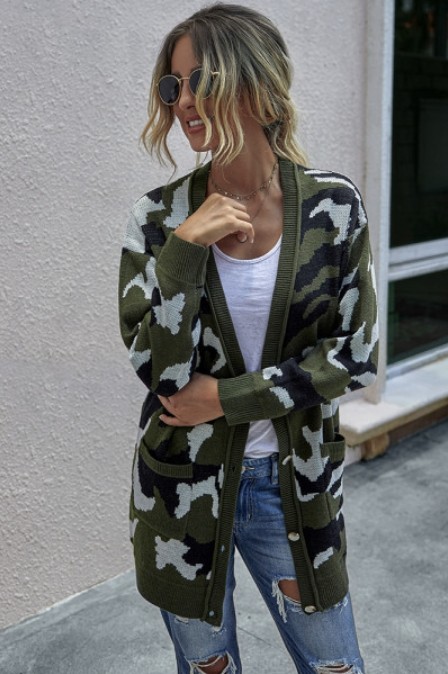 Tracies Army Green Camo Cardigan Front