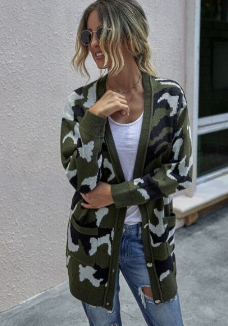 Tracies Army Green Camo Cardigan Front